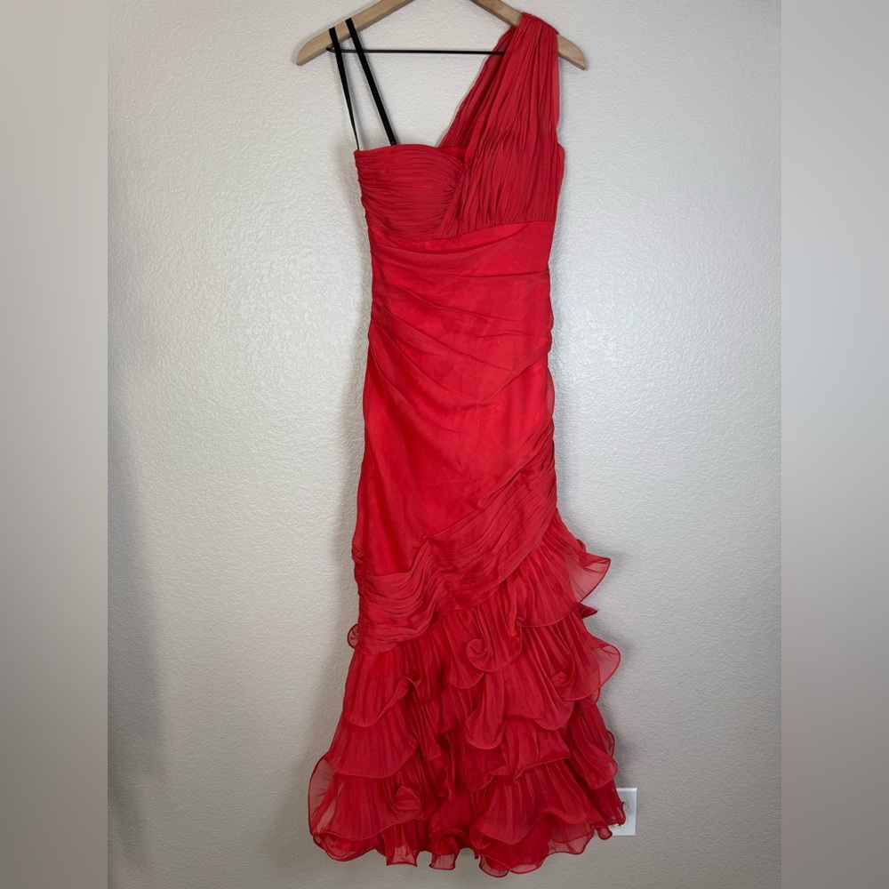 One-Shoulder Coral Ruffle Gown - Picture 3 of 14